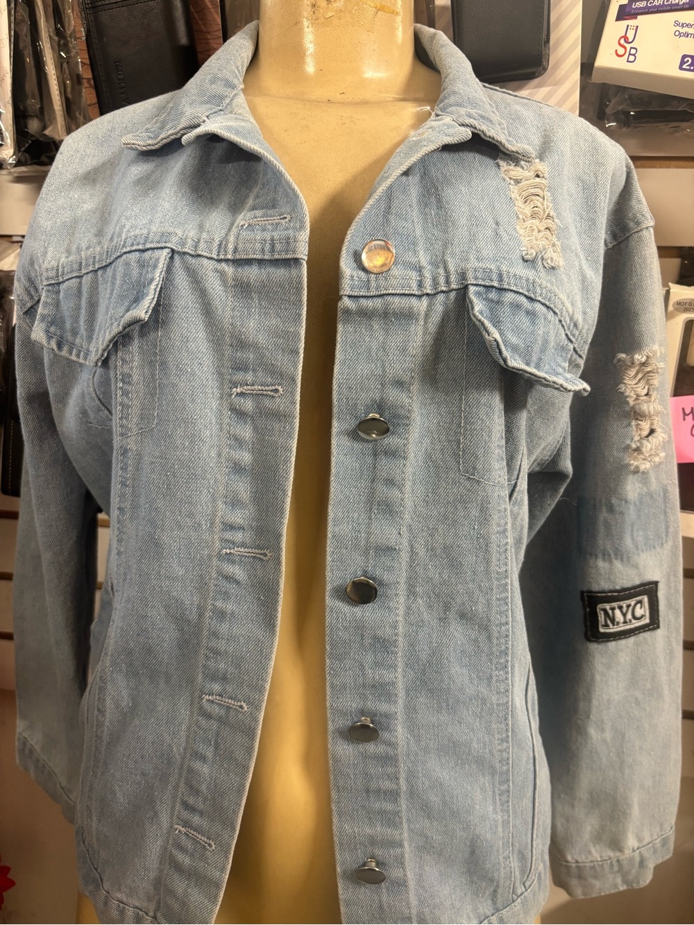 NYC Light Blue Distressed Denim Jacket with Sleeve Patch